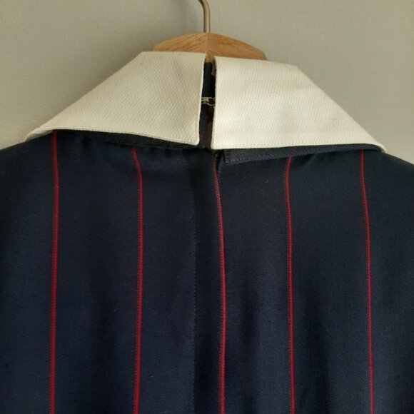 NINA RICCI Retro Maxi Length Long Pin-Stripe Dress White Collar Navy Blue Sz 12 - Picture 12 of 16